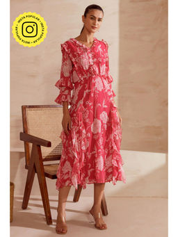 BOHO-CHIC By Sukriti Jain - Pink Floral Sweetheart Midi Dress