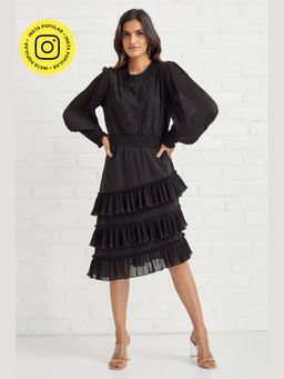 BOHO-CHIC By Sukriti Jain - Black Hand Embellished Asymmetrical Pleated Ruffle Dress