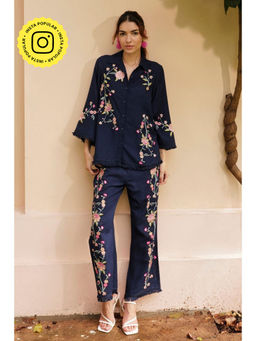 BOHO-CHIC By Sukriti Jain - Navy Blue Nature Inspired Embroidered Shirt And Pant Set