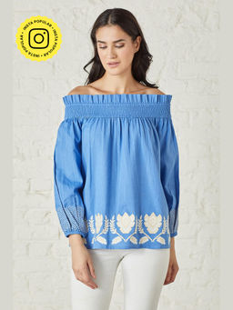BOHO-CHIC By Sukriti Jain - Blue Vibrant Off-Shoulder Floral Embroidery Top