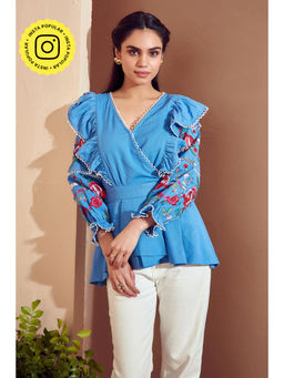 BOHO-CHIC By Sukriti Jain - Blue Enchanted Embroidered Ruffled Top
