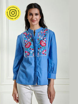 BOHO-CHIC By Sukriti Jain - Blue Floral Embroidered Top