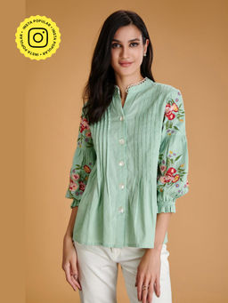 BOHO-CHIC By Sukriti Jain - Green Floral Embroidered Top