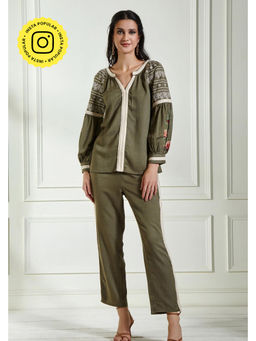 BOHO-CHIC By Sukriti Jain - Olive Enchanting Floral Embroidered Top And Pant Set