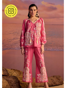 BOHO-CHIC By Sukriti Jain - Pink Provance Embroidered Top And Pant Set