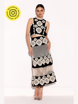 BOHO-CHIC By Sukriti Jain - Black Honeycomb Flowers Top And Skirt Set