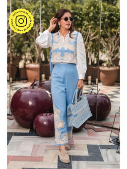 BOHO-CHIC By Sukriti Jain - Blue Pastel Hue Cutwork Embroidered Waistcoat And Pant Set