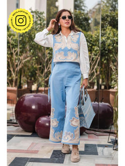 BOHO-CHIC By Sukriti Jain - Blue Pastel Hue Cutwork Embroidered Shirt And Pant With Waistcoat