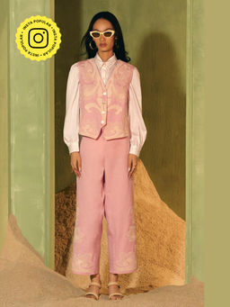BOHO-CHIC By Sukriti Jain - Pink Caprese Cutwork Waist Coat And Pant Set