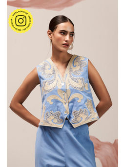 BOHO-CHIC By Sukriti Jain - Blue Caprese Cutwork Waist Coat And Pant Set