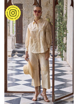 BOHO-CHIC By Sukriti Jain - Cream Palm Embroidered Cutwork Shirt And Pant Set