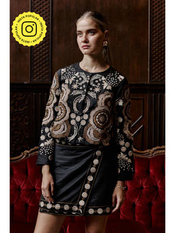 BOHO-CHIC By Sukriti Jain - Black The Katerina Embroidered Top And Wrap Skirt Set
