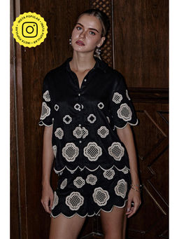BOHO-CHIC By Sukriti Jain - Black Monochrome Honeycomb Flowers Embroidered Shirt And Shorts Set