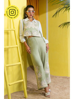 BOHO-CHIC By Sukriti Jain - Green Matcha Honey Comb Embroidered Shirt And Pant With Waistcoat