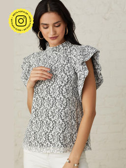 BOHO-CHIC By Sukriti Jain - Black Flutter Sleeved Floral Lace Top