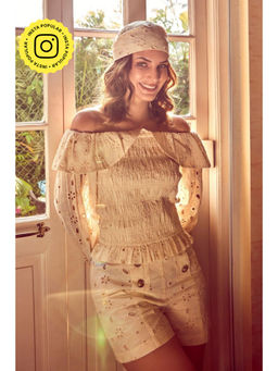 BOHO-CHIC By Sukriti Jain - Beige Broderie Anglaise Off Shoulder Smocked Top