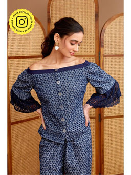 BOHO-CHIC By Sukriti Jain - Navy Blue Off The Shoulder Broderie Anglais Top