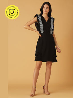BOHO-CHIC By Sukriti Jain - Black Intricate Embroidered Frill Knee Length Dress
