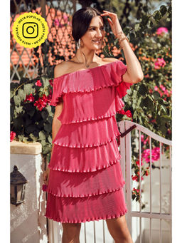 BOHO-CHIC By Sukriti Jain - Pink Off Shoulder Pleated Dress