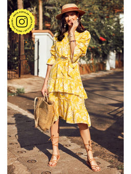 BOHO-CHIC By Sukriti Jain - Yellow Summer Printed Midi Dress