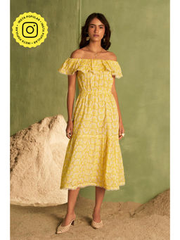 BOHO-CHIC By Sukriti Jain - Yellow Sunkissed Eyelet Lace Off The Shoulder Midi Dress