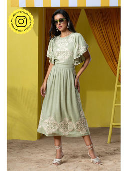 BOHO-CHIC By Sukriti Jain - Green Matcha Flutter Sleeved Embroidered Midi Dress