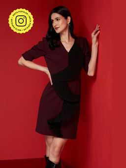 BOHO-CHIC By Sukriti Jain - Maroon Downtown Pleated Ruffle Mini Dress