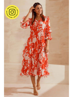 BOHO-CHIC By Sukriti Jain - Orange Floral Sweetheart Maxi Dress