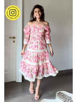 BOHO-CHIC By Sukriti Jain - Cream Nriti Shah Rose Printed Midi Dress
