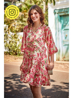 BOHO-CHIC By Sukriti Jain - Cream Rosy Printed Chiffon Mini Dress