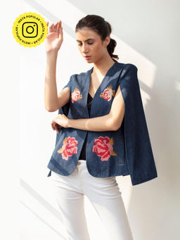 BOHO-CHIC By Sukriti Jain - Womens Enchanted Floral Embroidered Denim Cape