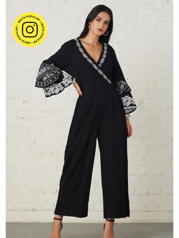 BOHO-CHIC By Sukriti Jain - Floral Black Embroidered Bell Sleeved Monochrome Jumpsuit