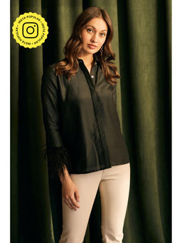 BOHO-CHIC By Sukriti Jain - Black Feather Trimmed Silk Shirt