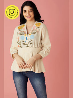 BOHO-CHIC By Sukriti Jain - Cream Floral Embroidered Peplum Top