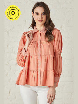 BOHO-CHIC By Sukriti Jain - Orange Embroidered Tierd Button-Down Shirt