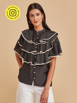 BOHO-CHIC By Sukriti Jain - Black Gathered Yoke Shirt