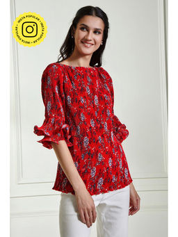 BOHO-CHIC By Sukriti Jain - Red Floral Pleated Top