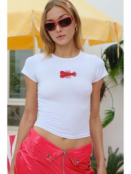 Bonkers Corner - White Lobster Head Beaded Embroidery Baby Crop Top for Women