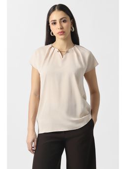 Van Heusen - Women Beige Solid Formal Slit Neck Top