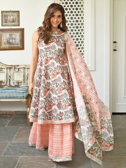 Janasya - White Cotton Floral Block Print Kurta with Sharara and Dupatta (Set of 3)