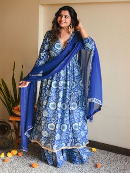 Janasya - Navy Blue Floral Print Angarkha Kurta with Flared Palazzo and Dupatta (Set of 3)