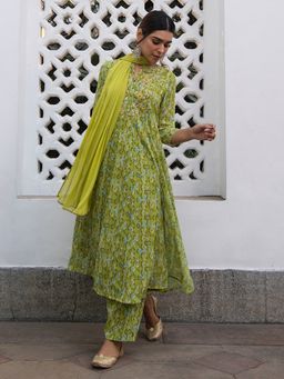 Janasya - Lime Green Georgette Print Embroidery Anarkali Kurta with Pant and Dupatta (Set of 3)