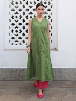 Janasya - Green Cotton Geometric A-Line Kurta with Palazzo (Set of 2)