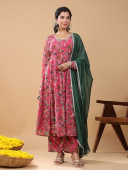 Janasya - Pink Georgette Floral Printed Anarkali Kurta with Palazzo and Dupatta (Set of 3)