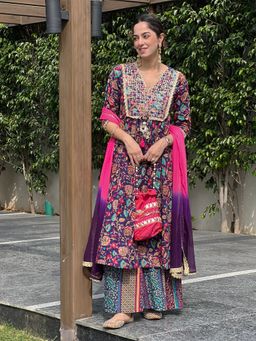 Janasya - Purple Cotton Printed Anarkali Kurta with Flared Palazzo and Dupatta (Set of 3)