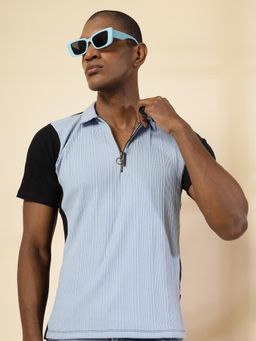 RIGO - Men Light Blue Rib Polo T-Shirt