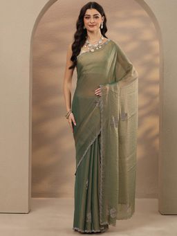 Libas - Embellished Silk Blend Green Saree with Unstitched Blouse
