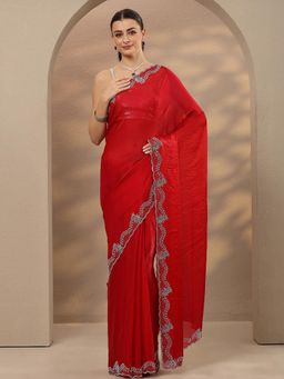 Libas - Embellished Silk Blend Red Saree with Unstitched Blouse