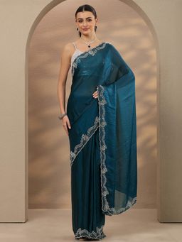 Libas - Embellished Silk Blend Teal Saree with Unstitched Blouse