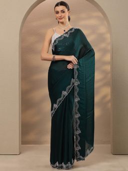 Libas - Embellished Silk Blend Dark Green Saree with Unstitched Blouse